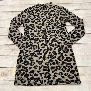 Hello Miz Leopard Print Mock Neck Long Sleeve Bodycon Mini DressTan Black‎ Small